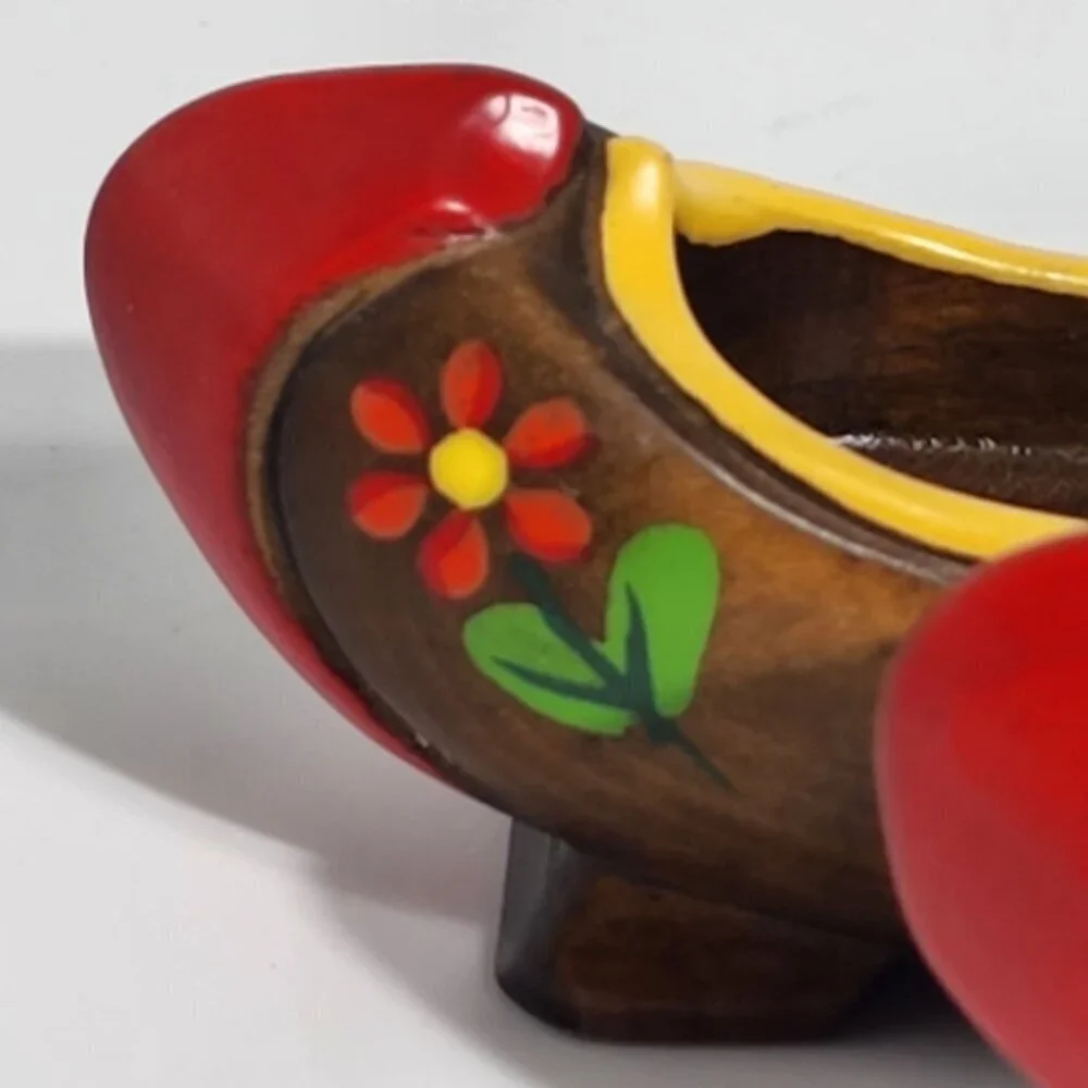 Miniature Hand Painted Vintage Wooden Clogs With Floral Design Red Tips Pair